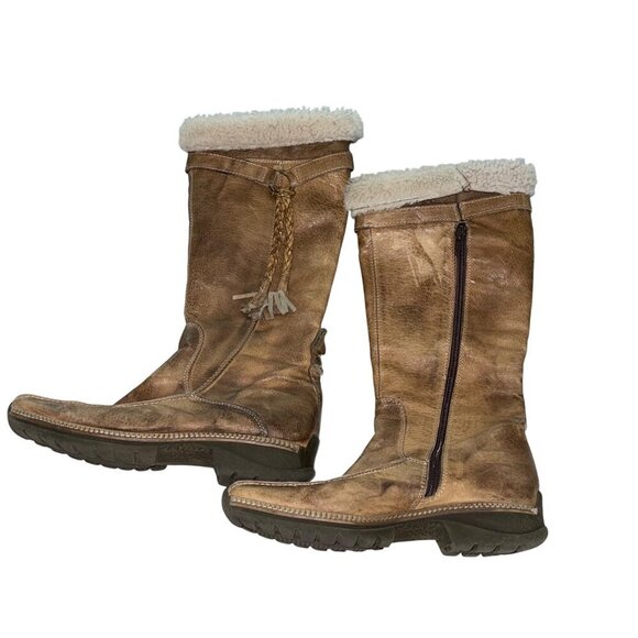 Manas Design Womens Boots Size 38 Distressed Leather Sheepskin Fur Trim Knee - Picture 4 of 9